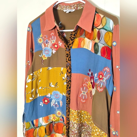 John Mark Embroidered Boho Patchwork Art To Wear Button Down, Size Medium P - Picture 2 of 6